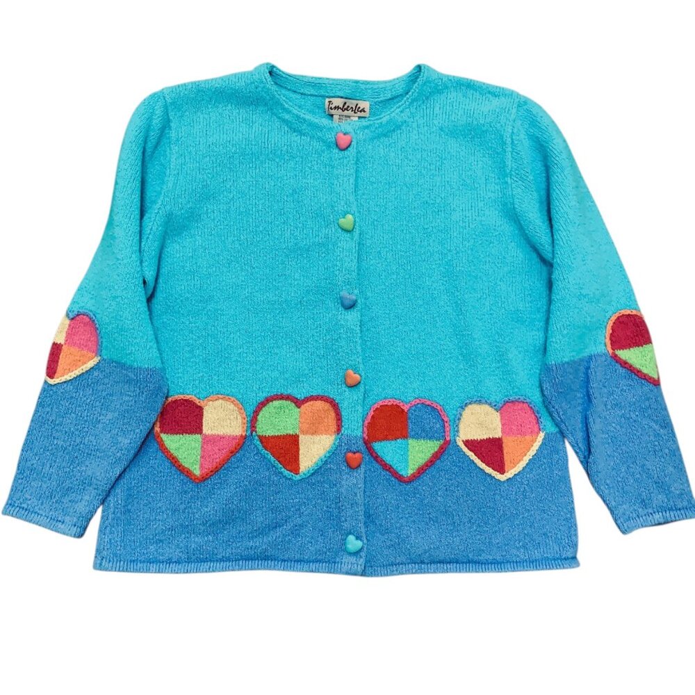 VTG‎ Timberlea Women's XL Teal Cardigan Knitted Hearts Button Hearts Cottagecore